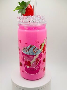 Pink Strawberry Shake Party Cup with Decorative Straw - Snow Globe Tumbler 16 oz